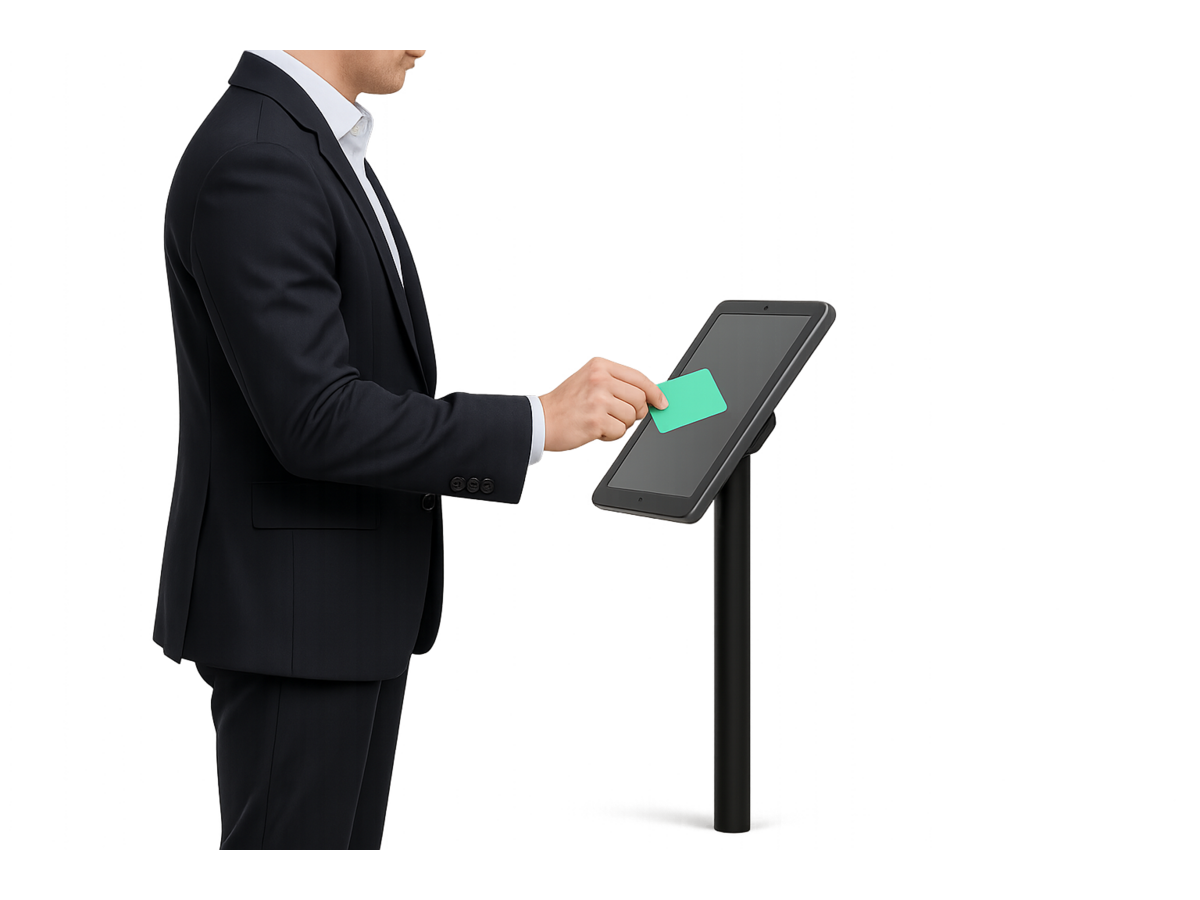 Empleado fichando con tarjeta NFC en un kiosko