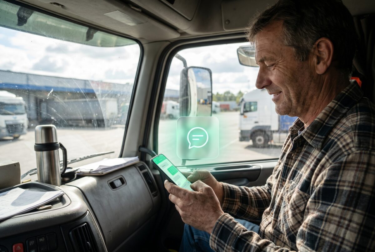 Truck driver checking WhatsApp notifications in the cab