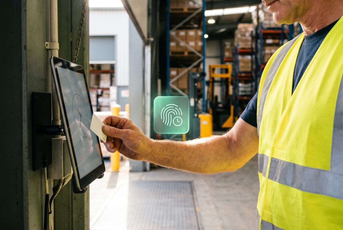 Warehouse operative clocking in with an NFC card on a kiosk at the warehouse entrance