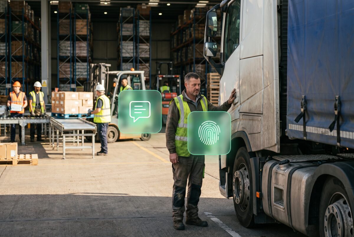 Driver and warehouse operatives working in a logistics centre