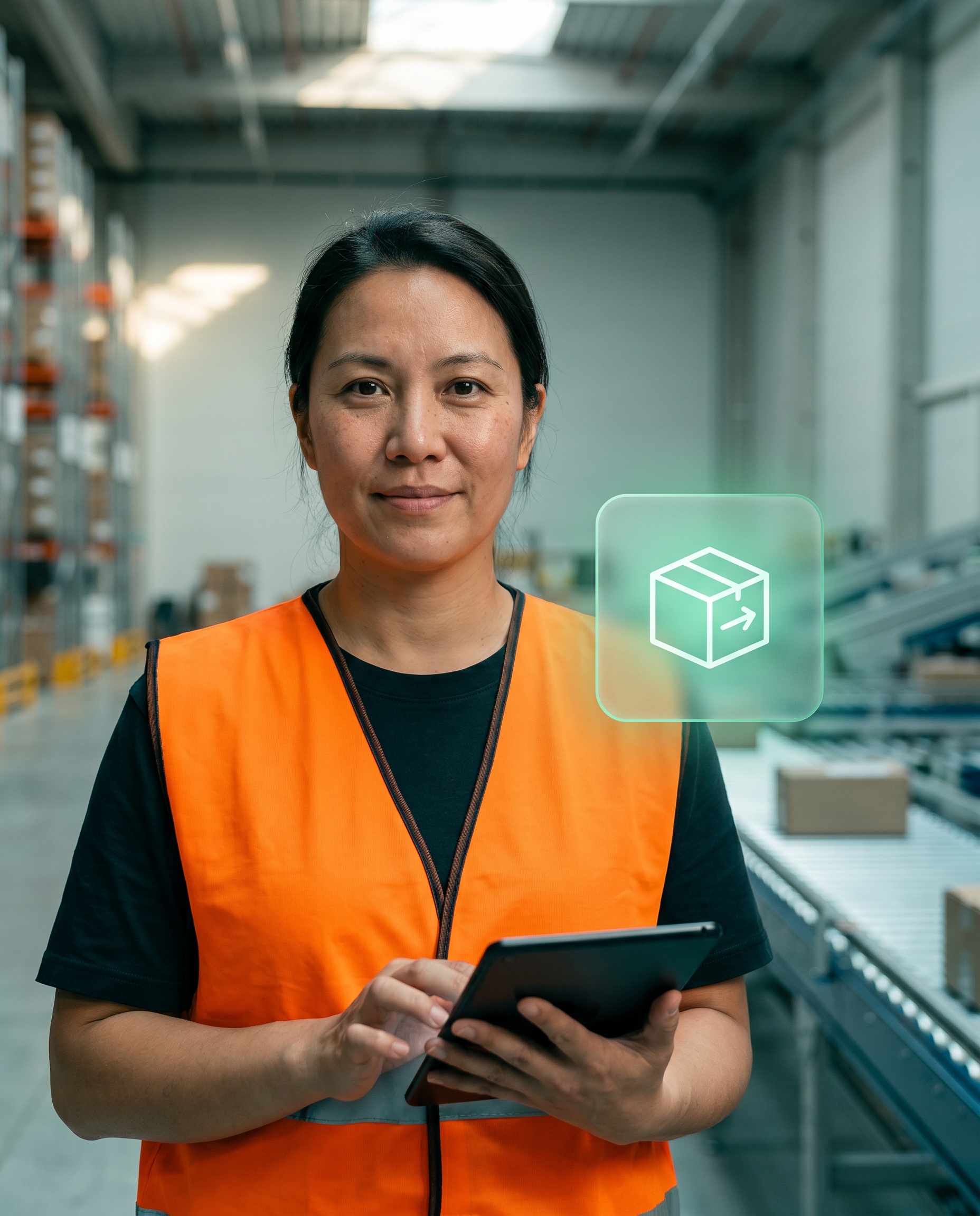 Logistics operations manager in a hi-vis vest in a warehouse