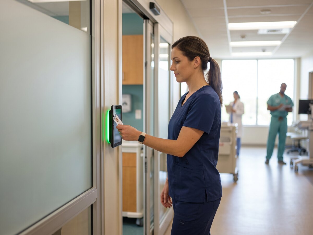 Nurse clocking in on a kiosk on the hospital ward