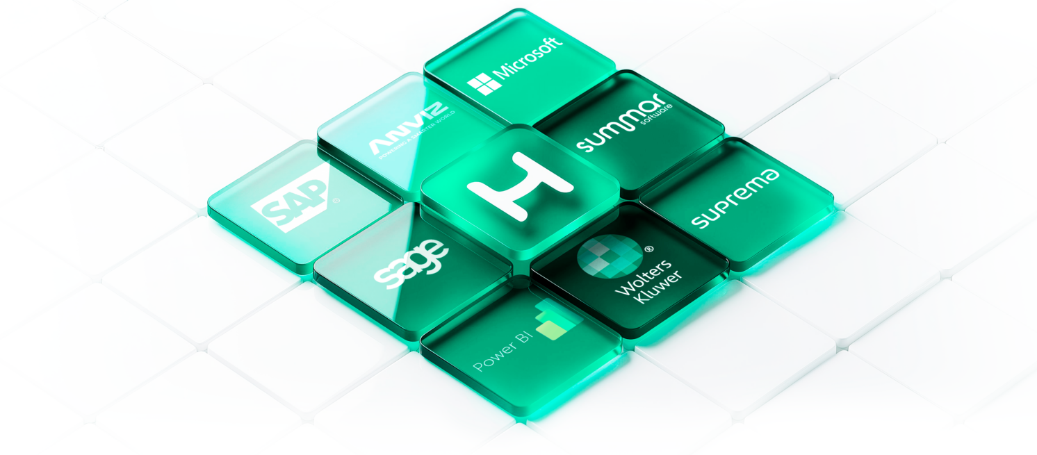 Isometric glass tiles with the logos of the systems that integrate with Humano