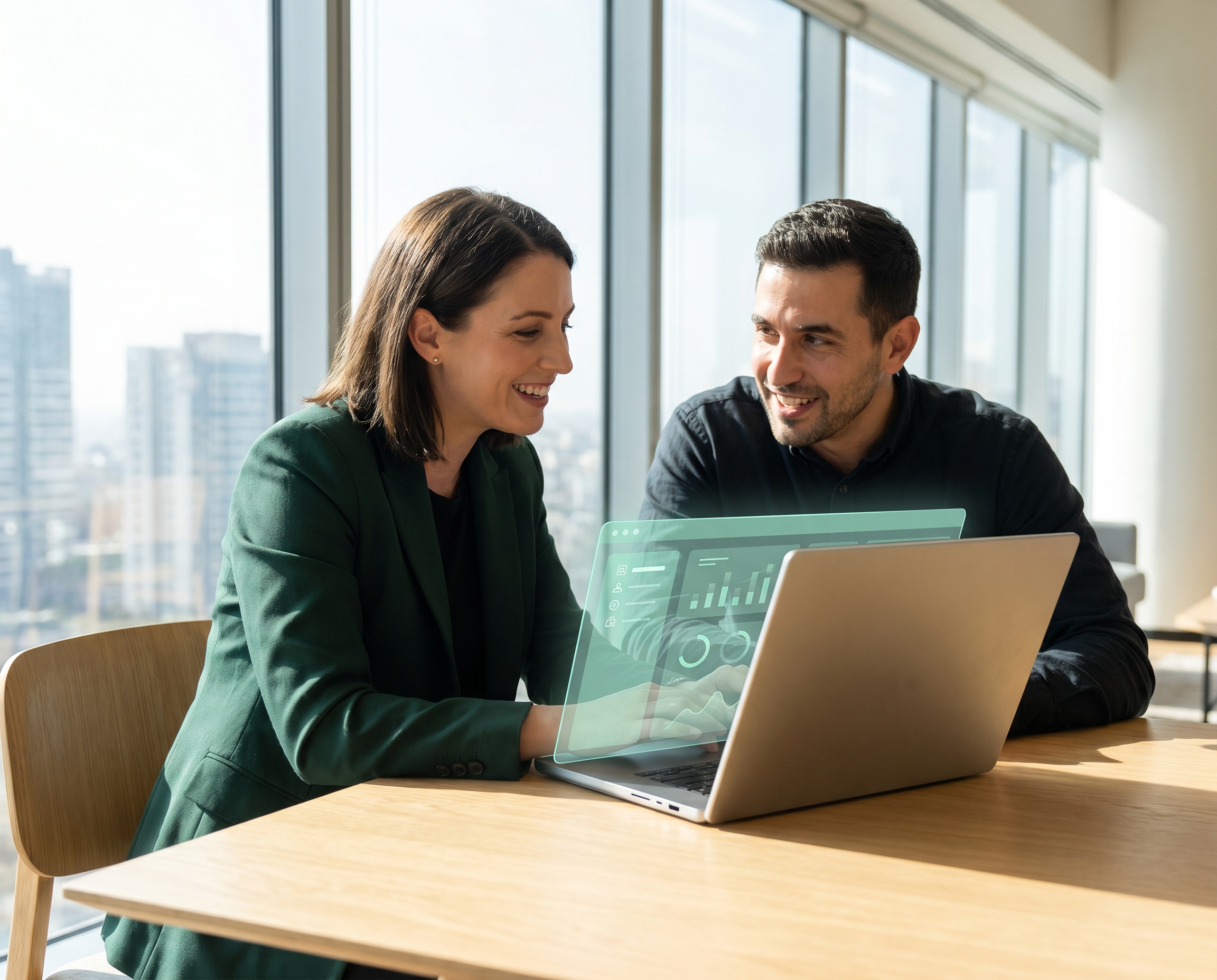 Dos profesionales colaborando con el software de RRHH de Humano — programa de partners
