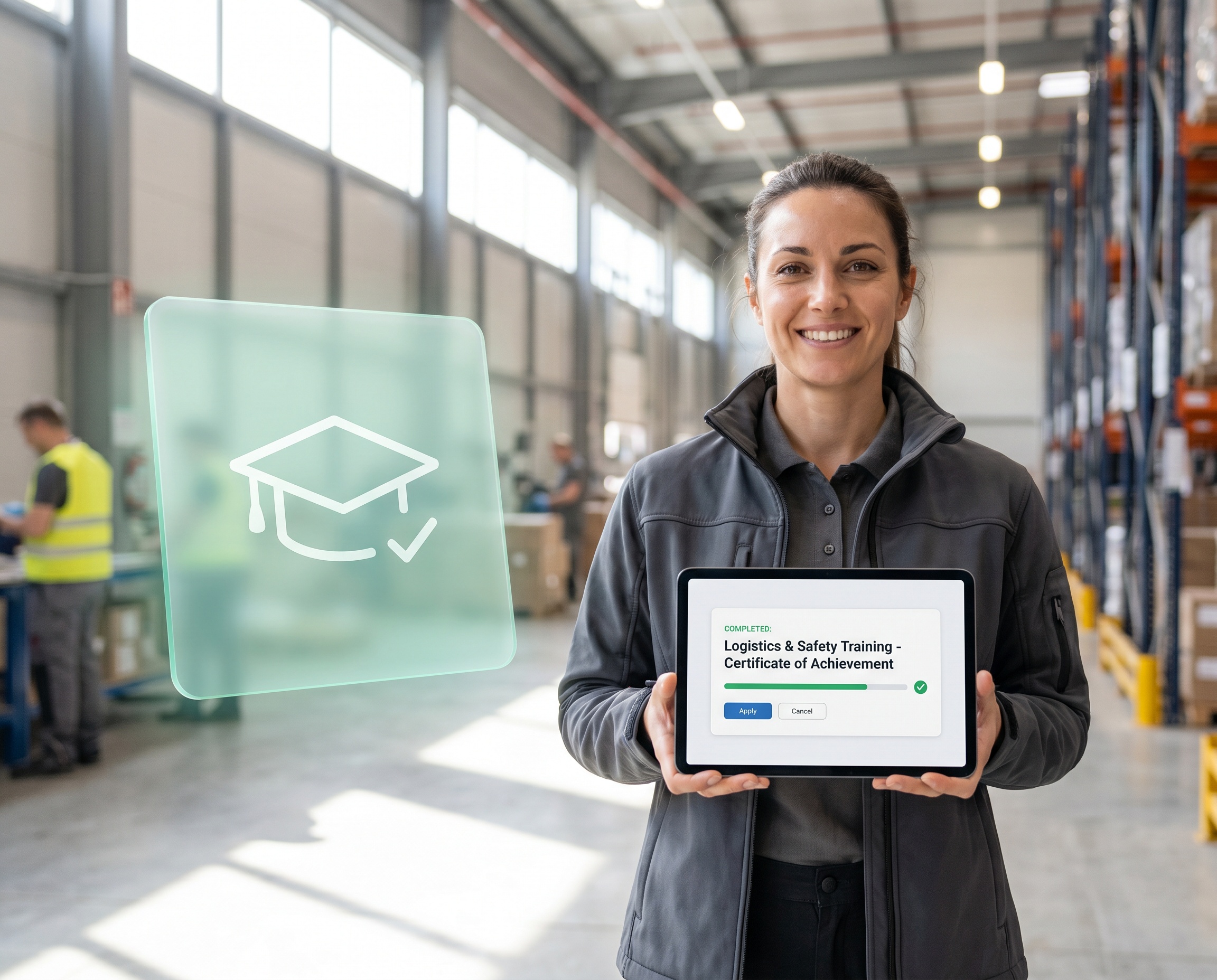 Warehouse worker holding a tablet showing a completed course and diploma in Humano