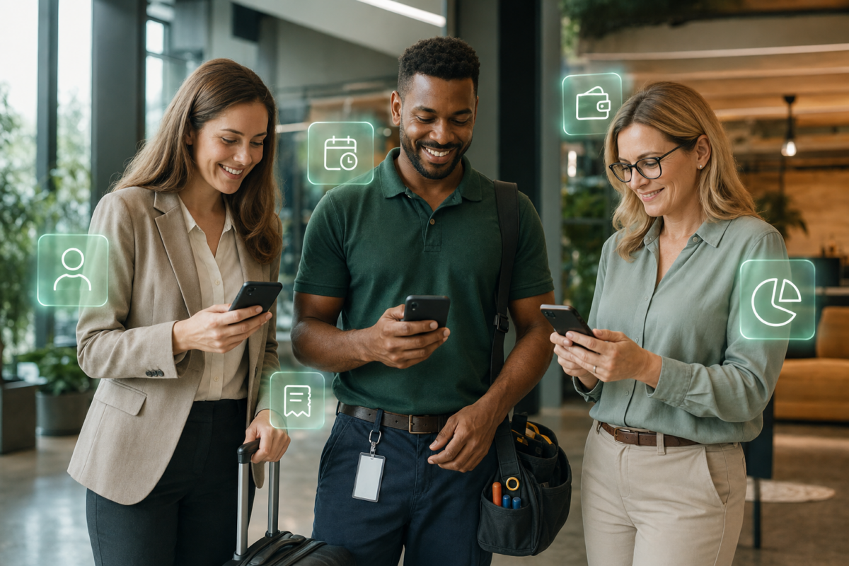 Equipo de trabajo registrando gastos desde el móvil
