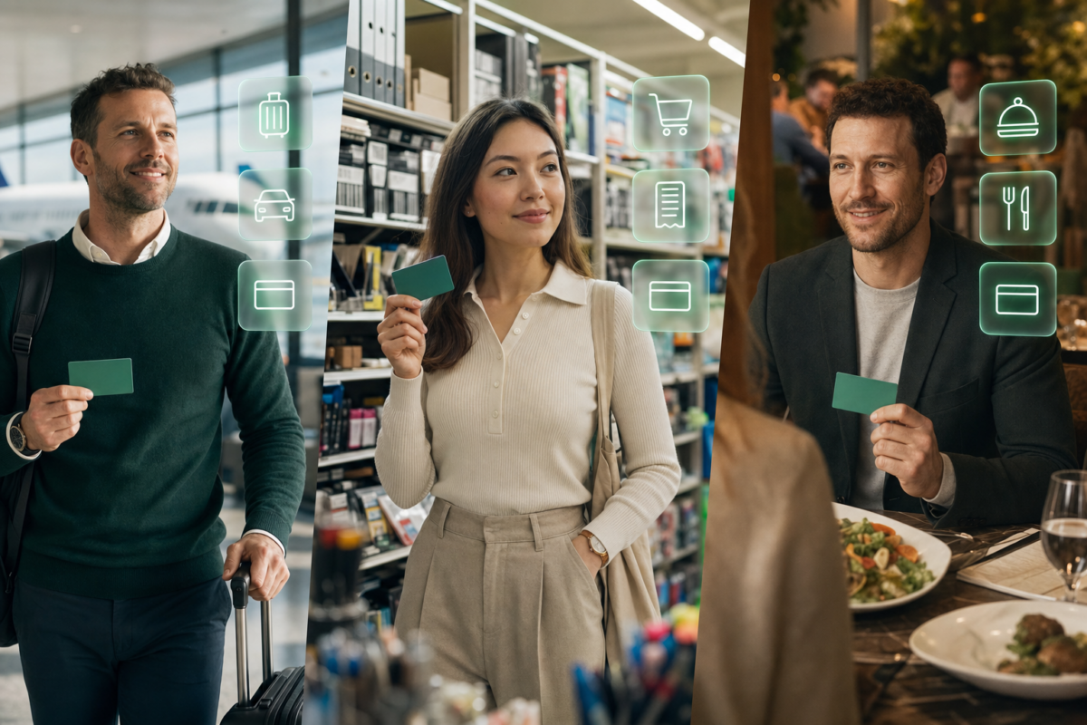 Empleados usando tarjetas corporativas en distintas situaciones de trabajo